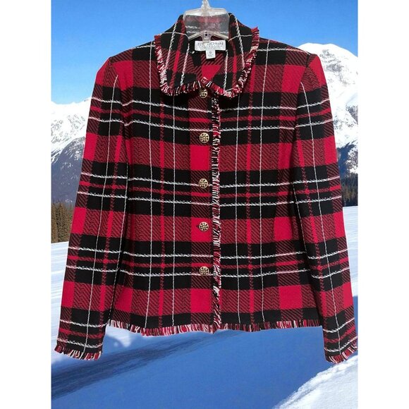 Vintage St John Marie Gray Tweed Plaid Jacket 12 Gold Buttons Money Luxury Cabin - Picture 1 of 9